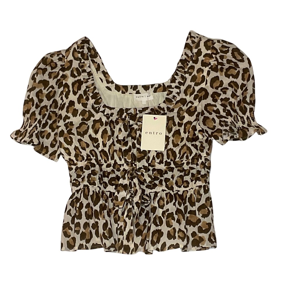 ENTRO BOUTIQUE SHIRT WOMEN'S BLOUSE LEOPARD PRINT PUFF SLEEVE RUFFLE cotton L